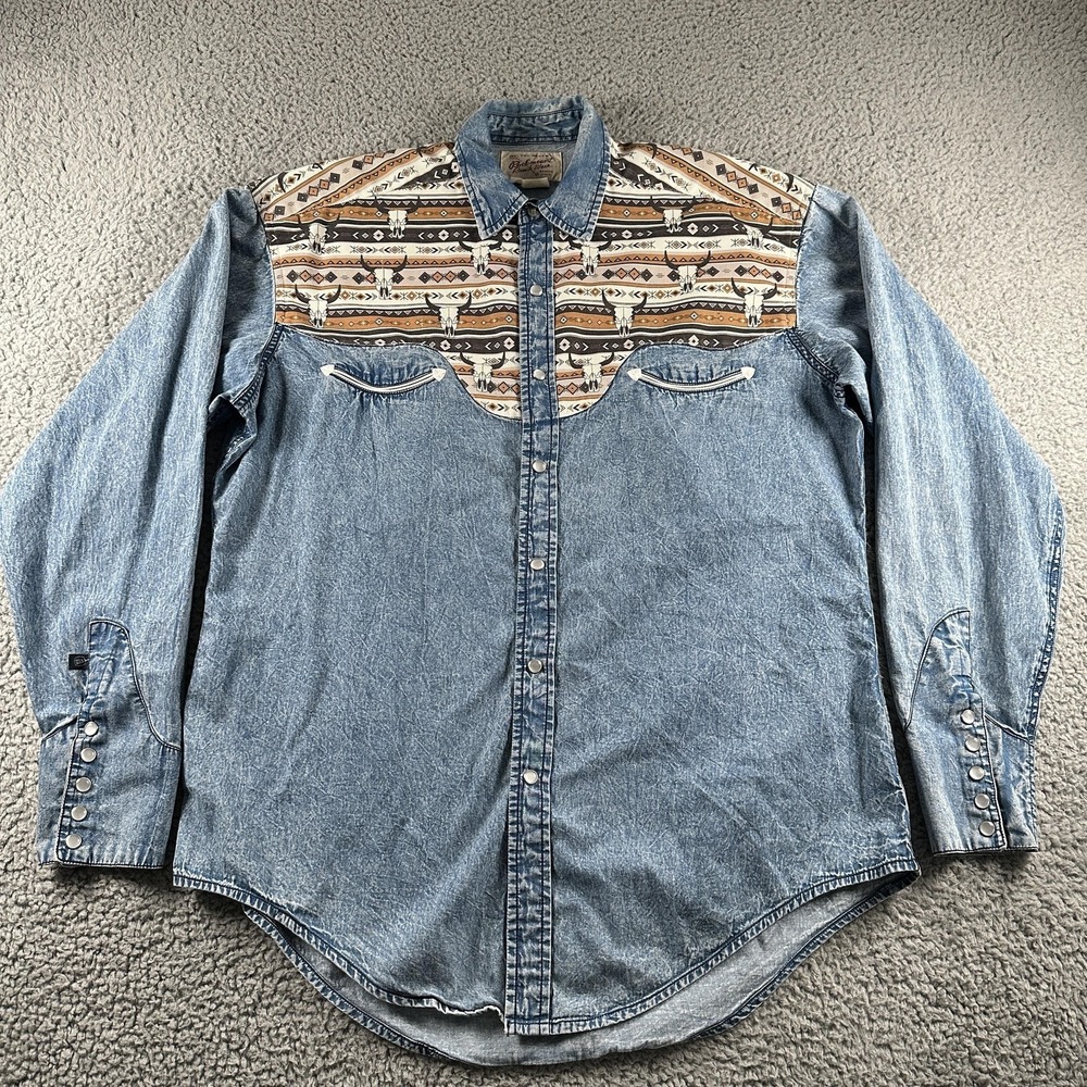 Vintage Rockmount Ranch Wear Pearl Snap Shirt Mens M Blue Denim Western 80s